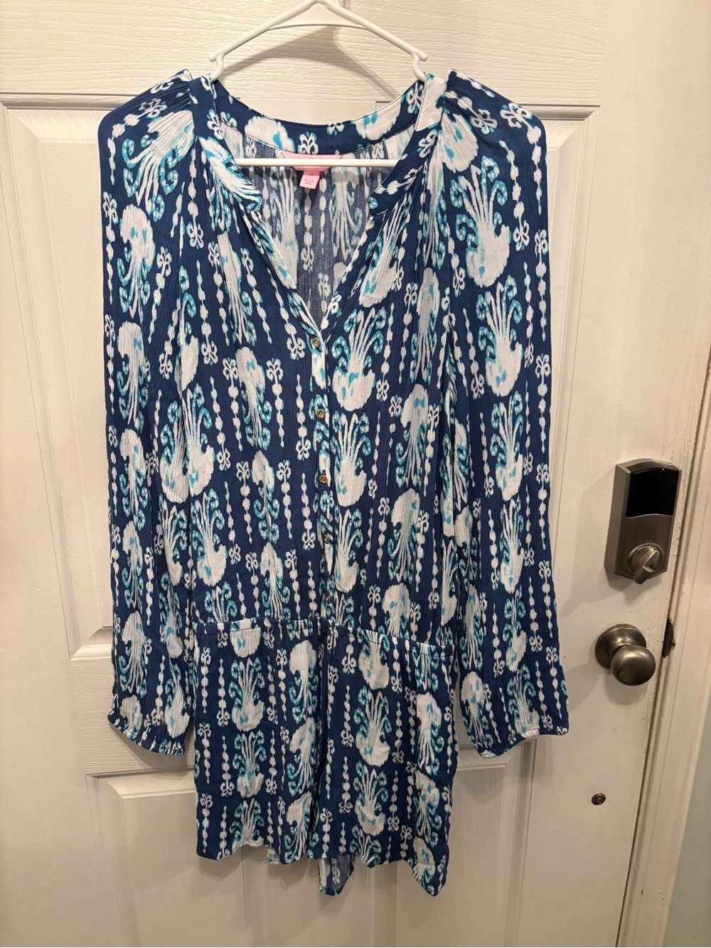 Lilly Pulitzer Navy Blue & White Printed V-Neck Long Sleeve Romper